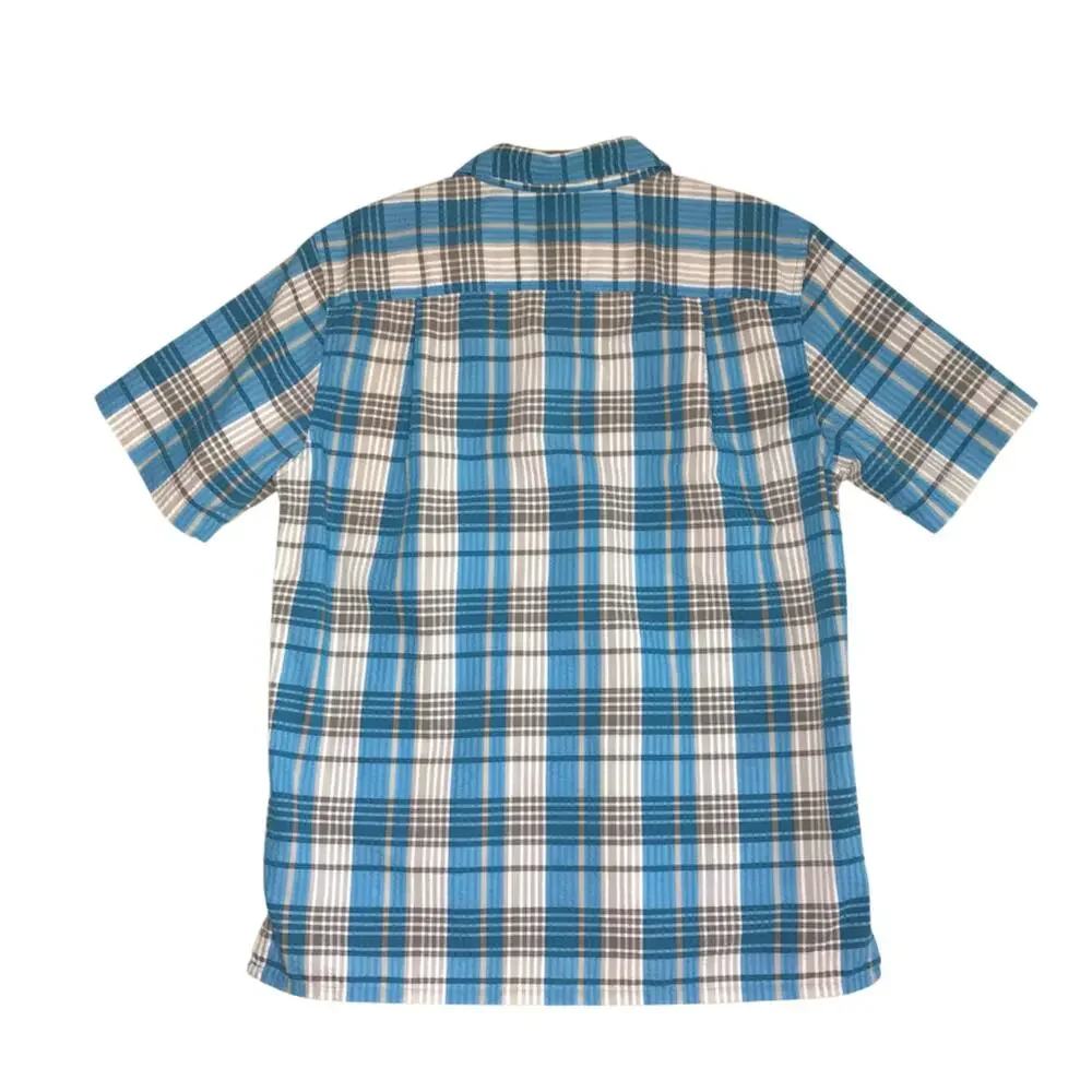 PATAGONIA Puckerware Plaid Short Sleeve Shirt Men M Blue Classic Crinkle Resort